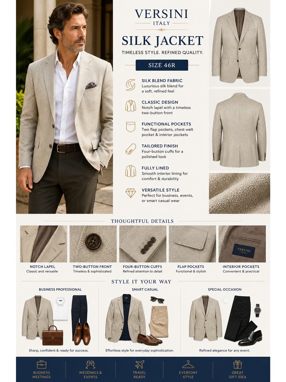 Versini Mens Silk Jacket 46R Tan Beige Sport Coat Luxury Classic Blazer